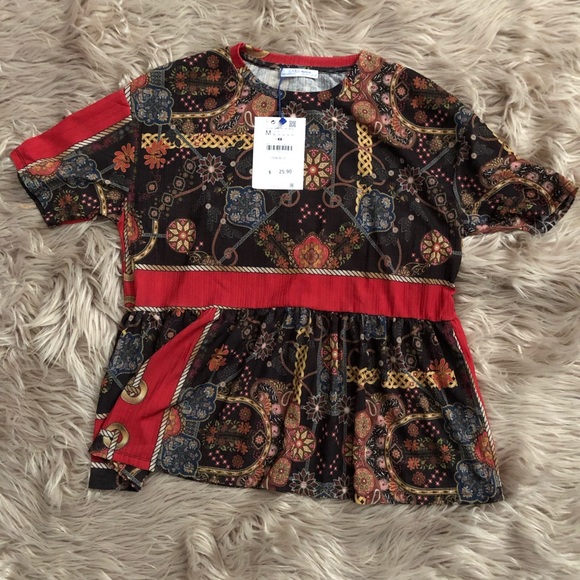 Zara Peplum Patterned Short-sleeved Top NWT - Picture 3 of 6